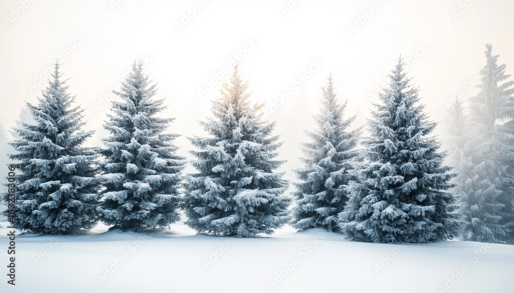 Naklejka premium A peaceful winter landscape with pine trees dusted with fresh snow.