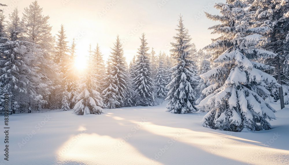 Obraz premium A peaceful winter landscape with pine trees dusted with fresh snow.