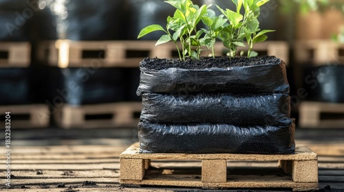 Biochar package mockup on wooden pallet, symbolizing sustainable agriculture.