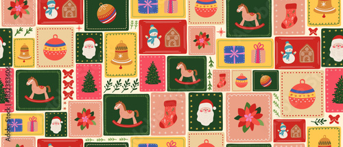 Christmas seamless pattern with decorative elements in colorful square frames. Festive background for holiday designs or wrapping paper.