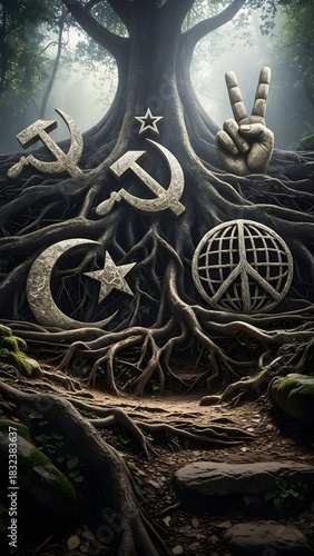 Symbolic roots of world peace and cooperation. Concept for unity, global community, and environmental harmony.