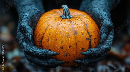 Black clawed hand gripping an orange pumpkin, spooky Halloween card concept, dark and eerie atmosphere for Halloween decorations