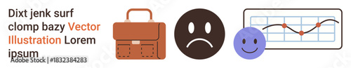 Business goals, emotions tracking, data analysis, success planning, mood comparison, corporate strategies. A briefcase, sad face happy face and a data chart image. Business goals and emotions
