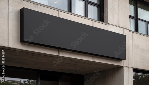 clear signboard banner on a storefront mock up template for business logo and branding. Blank black restaurant or shop signboard copy space mockup.