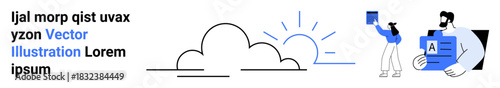 Digital identity, cloud storage, online communication, creative content, technology, digital verification. Cloud with sun, person holding a phone and a person showing a document. Digital identity