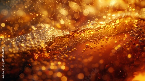 Extreme close-up of a golden carbonated liquid with bubbles. Abstract amber beverage background with sparkling effervescence