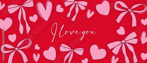 Red background with pink hearts and bows and a declaration of love, suitable for Valentine's Day greeting card design or wedding design.