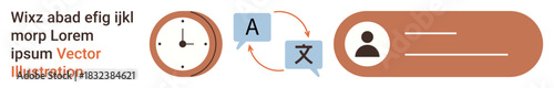 Language learning, time management, user interface, translation services, teamwork, communication. Clock, chat bubbles with language icons and user profile elements . Time management and language