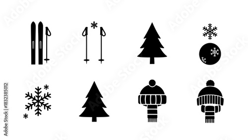 Diverse Collection of Winter Holiday and Sports Silhouette Vector Icons Set for Graphic Design