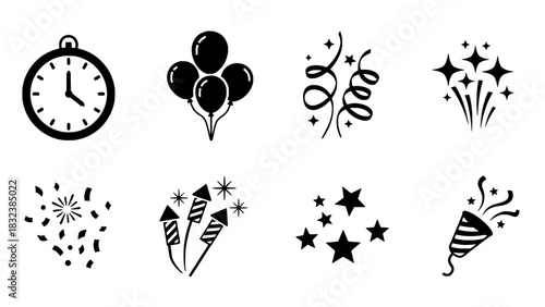 Essential vector icons for New Year's Eve and joyous celebrations, including clock, balloons, and fireworks