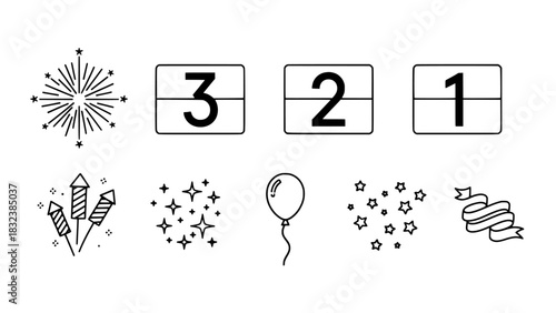 Countdown Celebration Icons Fireworks, Numbers, and Festive Elements
