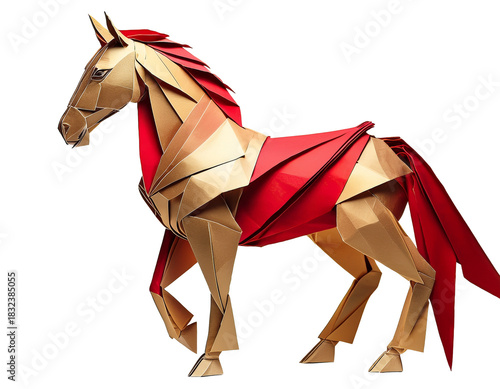 Origami horse folded in red and gold paper, white background