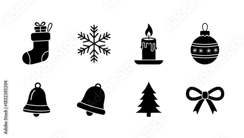 Festive Christmas Icons Stocking, Snowflake, Candle, Bell, Tree and Bow