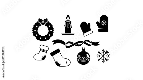 Festive Christmas Icons Wreath, Candle, Mittens, and Holiday Decorations