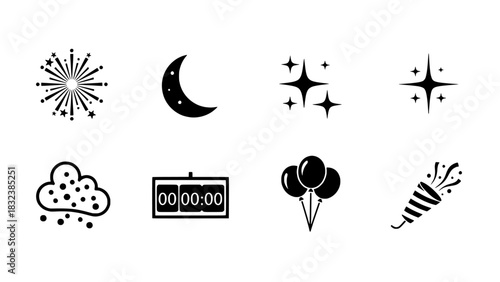 A collection of monochrome icons for parties, holidays, and night celebrations
