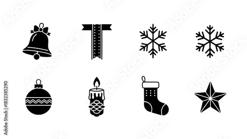 Festive Collection of Christmas and Winter Holiday Icons Bells, Snowflakes, Ornaments, and More