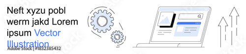 Technology, business strategy, productivity tools, software development, SEO, data analysis. A laptop interface, gear symbols. Technology and business strategy concepts