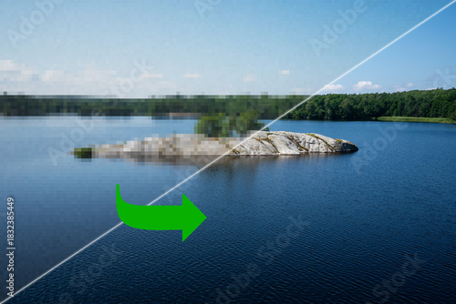 Concept of AI image upscaling restoration technology - pixelated low quality picture of a landscape with island on the top, and enhanced improved (restored) version at the bottom, overlay view