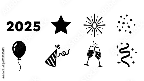 New Year 2025 celebration icons and symbols