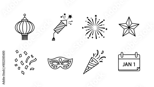 New Year's Celebration Icons Fireworks, Confetti, and Calendar