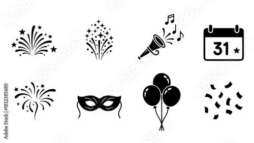 Collection of Festive Celebration Icons for New Year's Eve and Holiday Parties