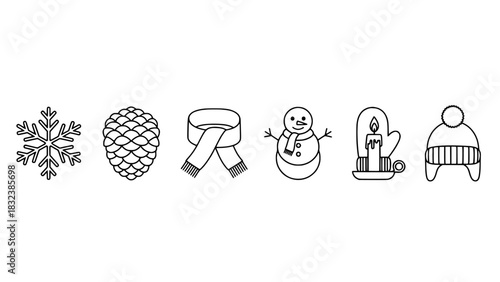 Winter Holiday Line Icons Snowflake, Pine Cone, Scarf, Snowman, Candle, Mitten, Hat