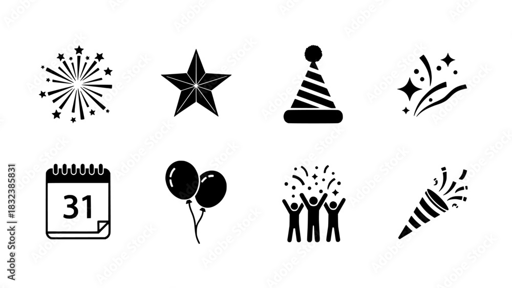 Fototapeta premium Collection of Festive Celebration and Holiday Event Icons for New Year and Party Designs