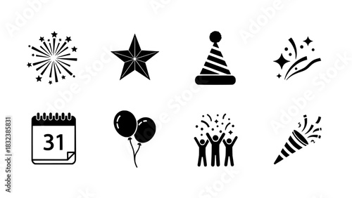Collection of Festive Celebration and Holiday Event Icons for New Year and Party Designs