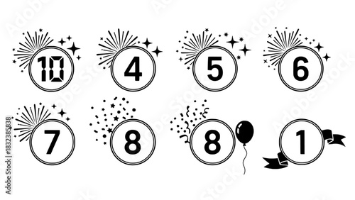 Celebration Numbers with Fireworks and Confetti Icons