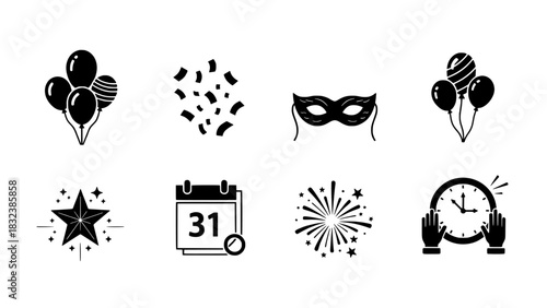 New Year's Eve Celebration Icons Balloons, Confetti, and Festive Elements