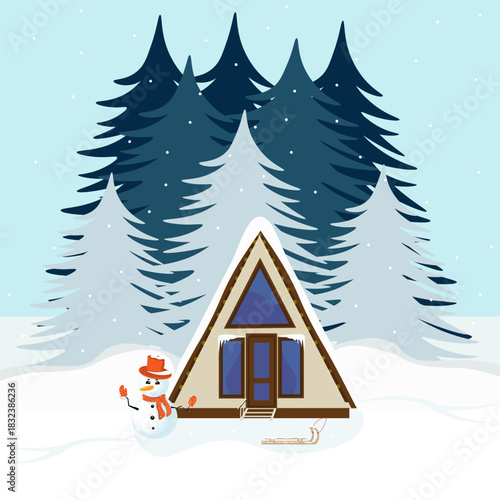 A triangular house with a snowman in a snow-covered Christmas forest. Ecotourism concept