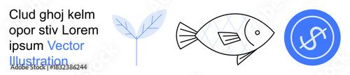 Environmental sustainability, ecosystem conservation, marine economy, financial growth, nature preservation, eco-awareness. Minimalist leaf, fish and currency icons. Environmental sustainability