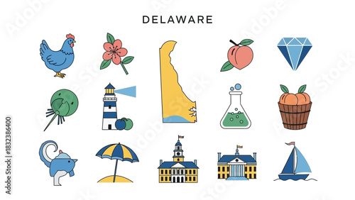 A vibrant collection of unique flat vector icons showcasing the distinct symbols, landmarks, and natural elements associated with the state of Delaware, perfect for travel and local design