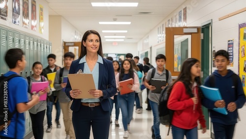 Teacher overseeing students while walking in busy school hallway  