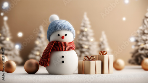 Snowman 3D illustration with Christmas gifts and winter trees in a soft festive scene
