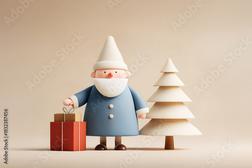 Santa Claus character 3D illustration with Christmas tree and holiday gifts in a warm minimal scene