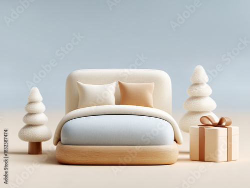 Minimal Christmas bedroom 3D illustration with cozy winter trees and a festive gift box