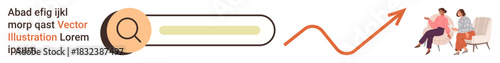 Online research, user interface, data analysis, teamwork, business growth, communication. Search bar with magnifying glass, upward arrow two people interacting. Online research and teamwork concepts
