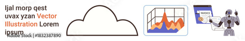 Cloud computing, data visualization, artificial intelligence, automation, information storage, digital services. A cloud icon, data graph and robot interacting with data. Cloud computing and data