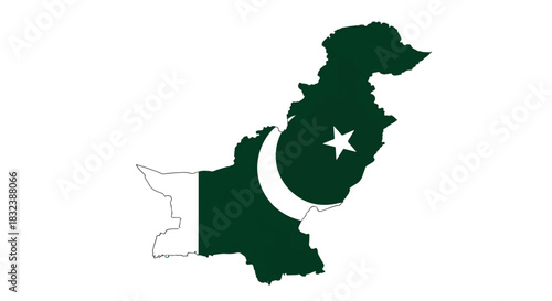 Pakistan's map outline overlayed with national Flag, green crescent and star symbol on white background
