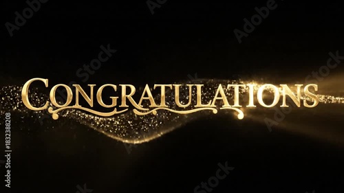 Elegant congratulations text animation concept with golden particles in glittering motion on a solid black background for a festive design