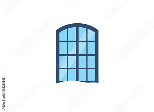 Classic arched window with multiple panes and dark blue frame set against a black background illustration