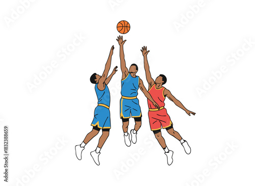 Three basketball players in blue and red uniforms jumping to catch the ball during a game on a black background
