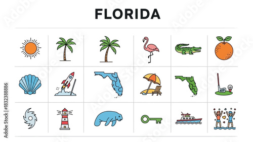 Florida Icons Colorful Vector Set Representing the Sunshine State