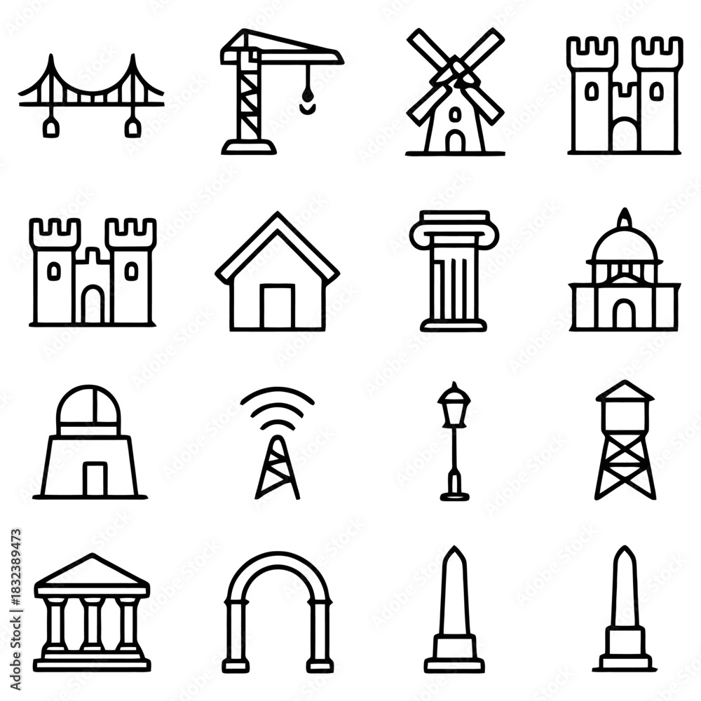 Fototapeta premium Architectural Icons: A collection of meticulously crafted, minimalistic line icons depicting various architectural elements and structures. The image evokes a sense of order, design.