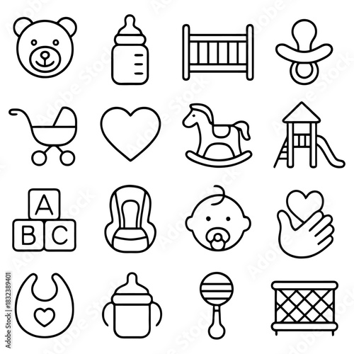 Collection of Baby Essentials: A curated collection of baby essentials, from adorable toys to practical feeding and sleeping tools. Perfect to visualize the charm of childhood.