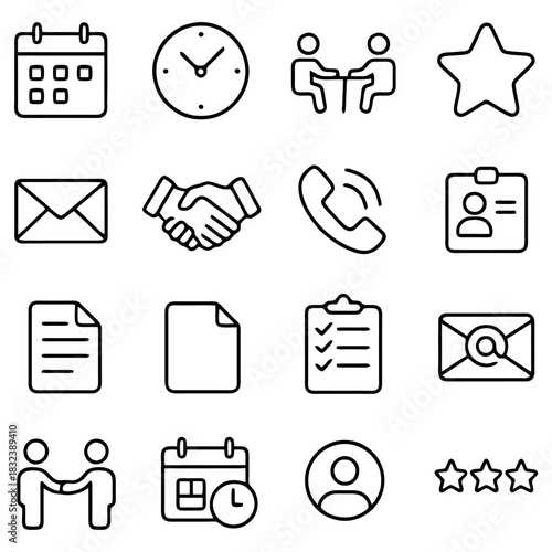 Simple Office Icons: A clean, minimalist composition of various office and business related icons arranged in a grid, symbolizing different aspects of daily business life and administrative tasks.