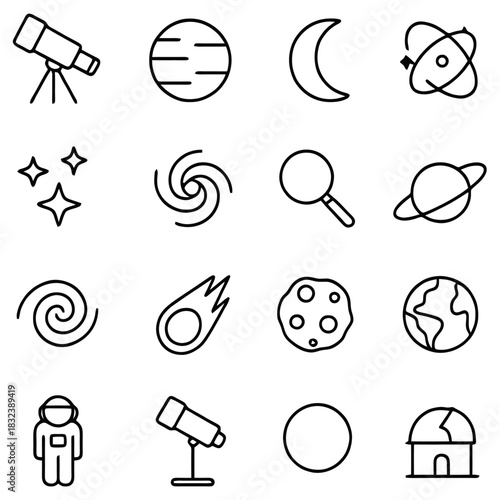 Celestial Exploration: A collection of stylized line icons of the cosmos: featuring a telescope, planets, stars, galaxies, and celestial bodies.