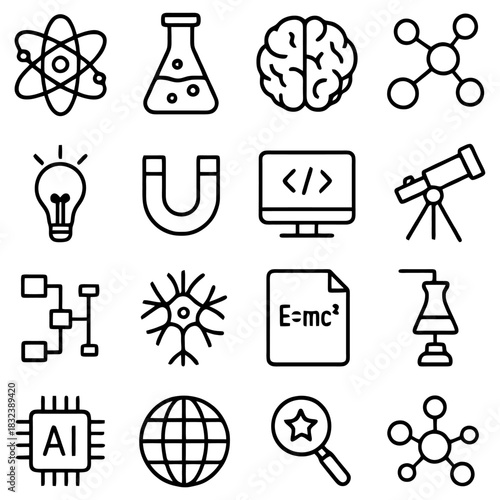 Scientific Exploration Icons: A collection of concise icons depicting elements of scientific study and technology, inviting viewers to delve into the intricate world of knowledge and innovation.