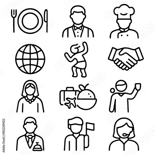 Diverse Icon Set for Hospitality, Travel & Tourism: A comprehensive collection of modern, clean-lined icons representing essential aspects of hospitality, travel, and tourism.